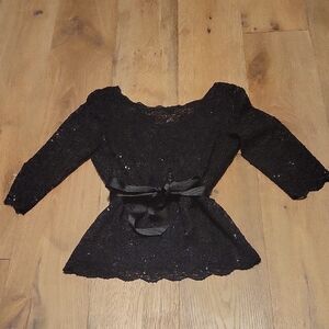 Alex Evenings Black Sequined Lace Tie At Waist Top Size Medium